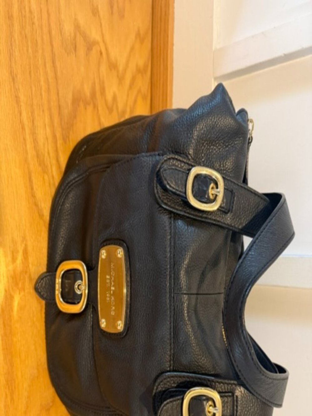Michael Kors Black Pebbled Leather Gold Buckle Shoulder Bag